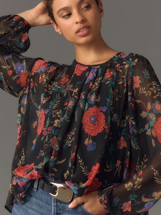 Maeve Tops - Maeve XL Black Floral Semi Shear Lined Long Sleeve Blouse EUC